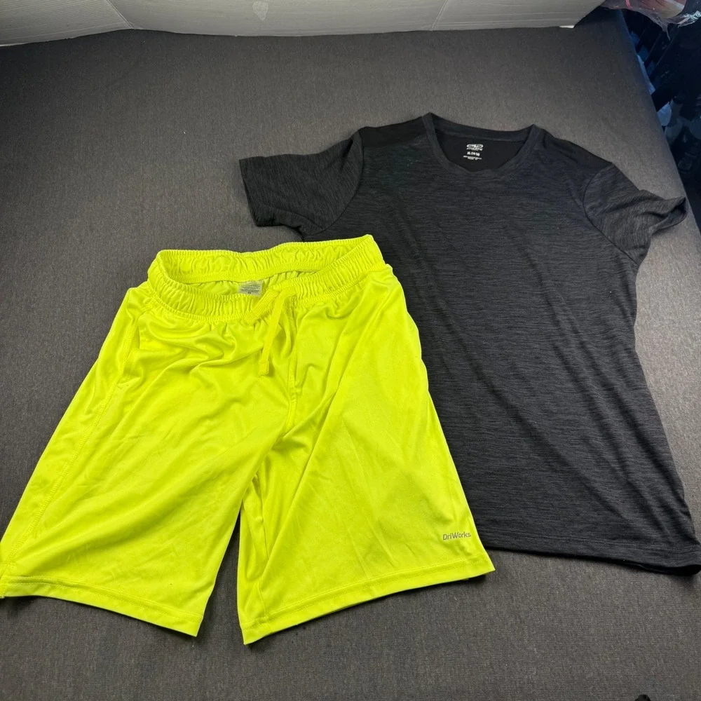 Athletic Works Boys XL 14-16 Activewear Set Grey Shirt Neon Yellow Shorts 2pc